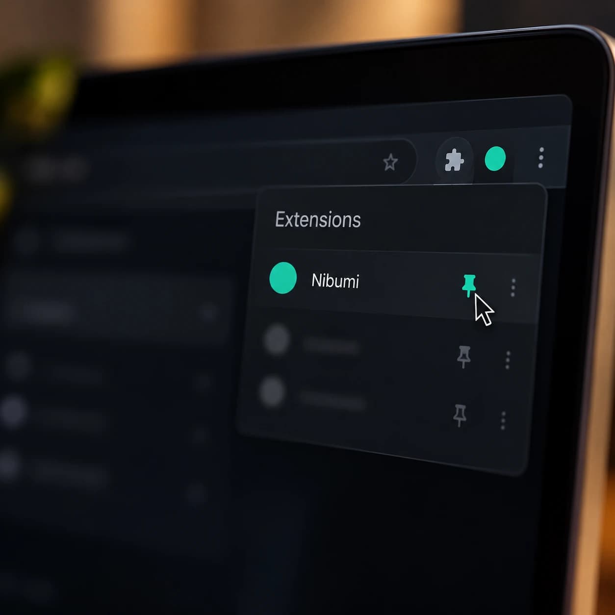 A browser's extensions menu with Nibumi being pinned to the toolbar.