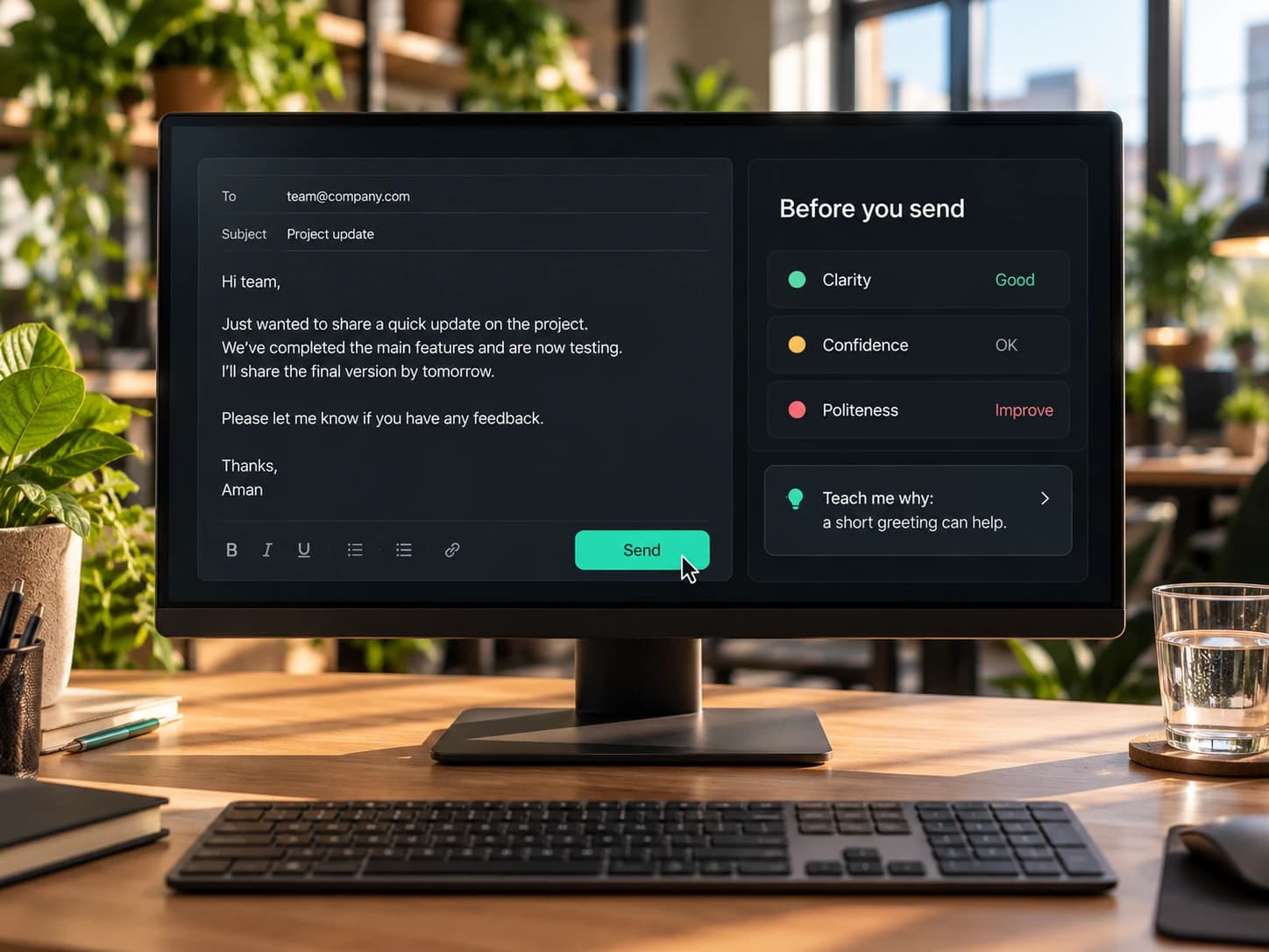 A monitor showing an email draft and Nibumi's “Before you send” panel rating clarity, confidence and politeness.