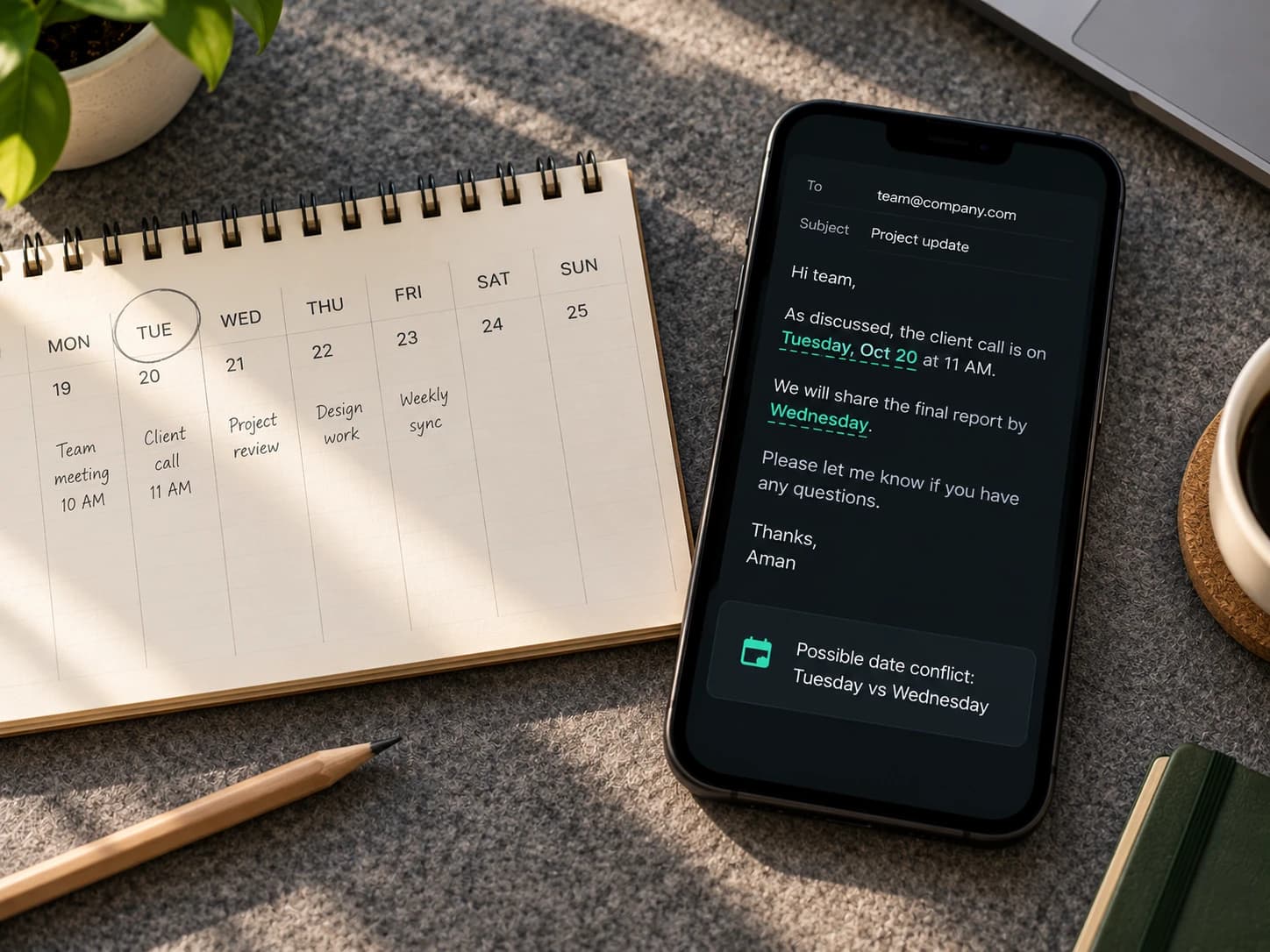A desk calendar next to a phone where Nibumi flags a possible date conflict between Tuesday and Wednesday.