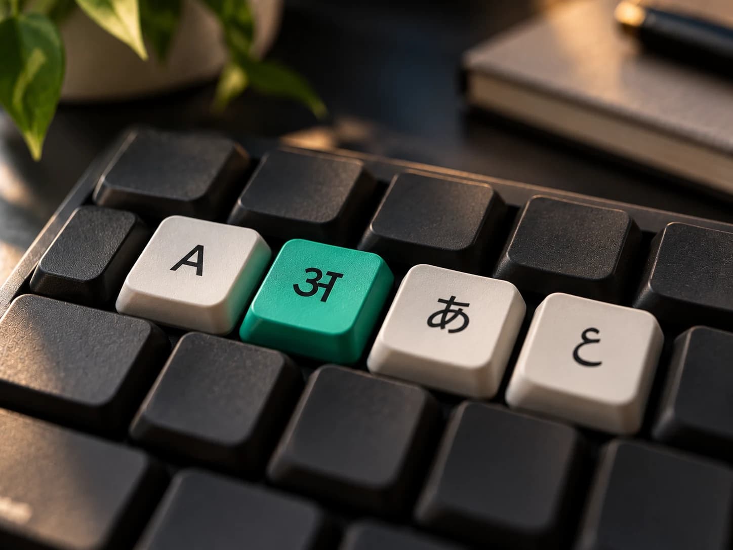 Keyboard keys printed with characters from different scripts: A, अ, あ and ع.