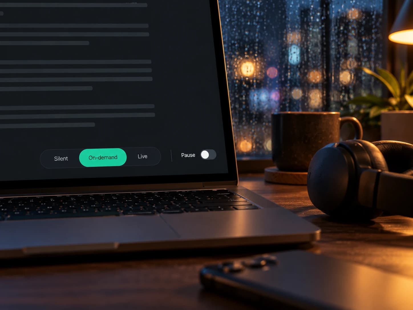 A laptop at night showing Nibumi's Silent, On-demand and Live mode switch with a pause toggle.