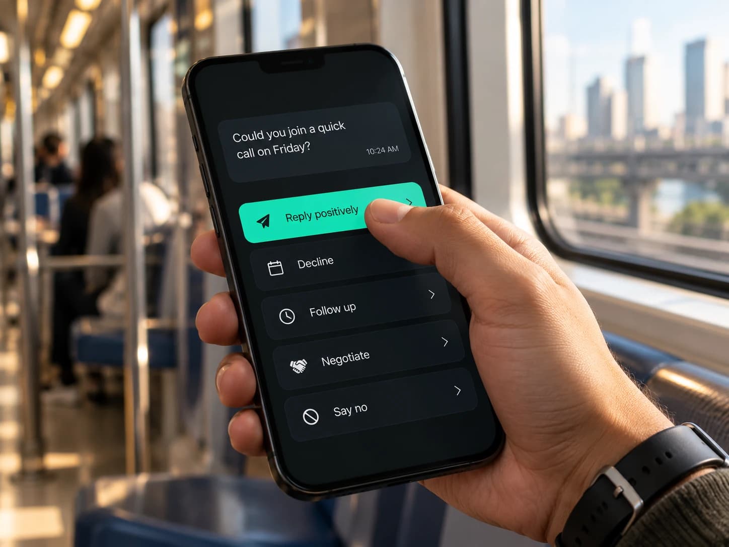 A hand holding a phone on a train, tapping “Reply positively” among one-click reply options.