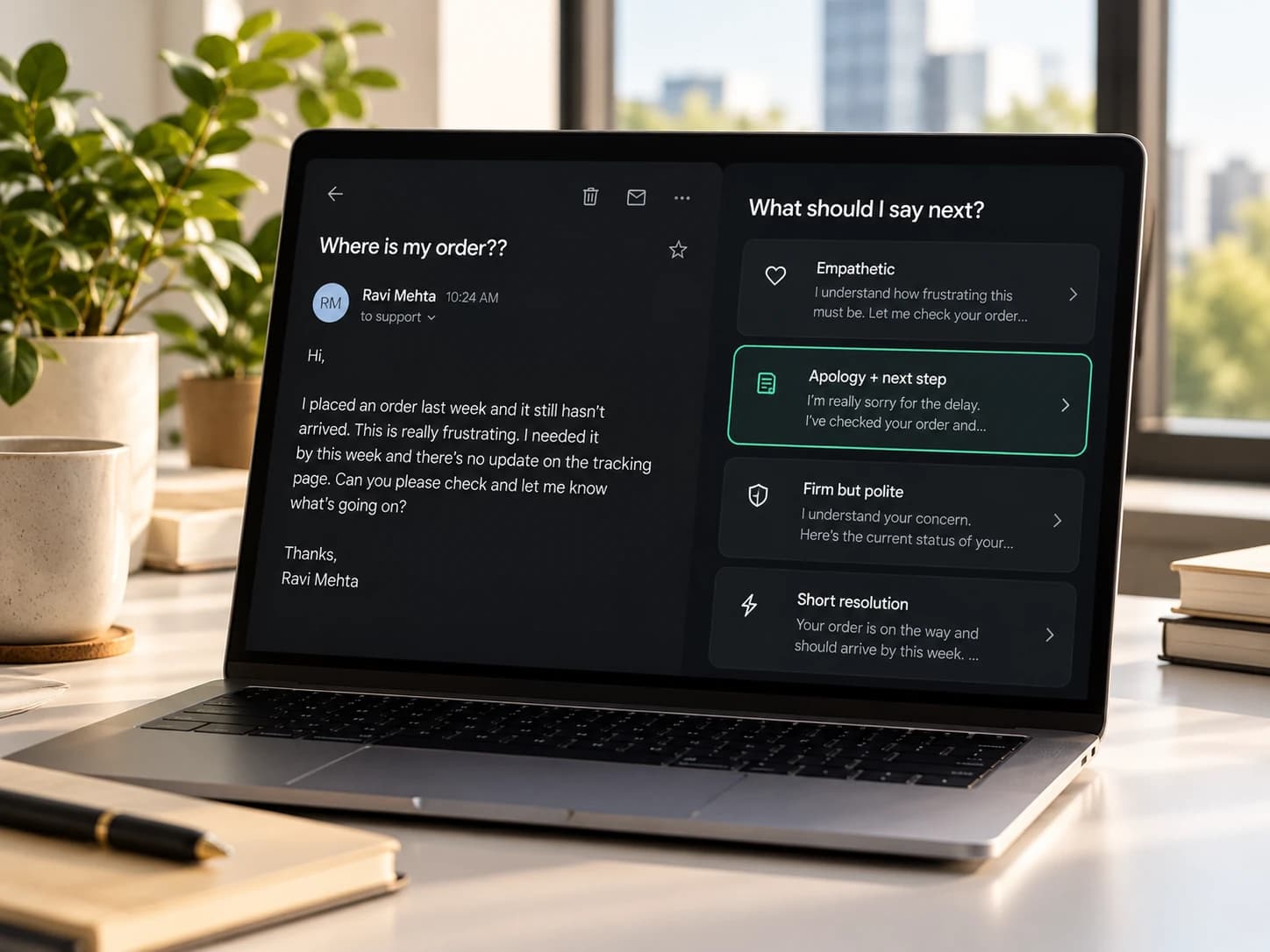 A laptop showing an upset customer email next to Nibumi's “What should I say next?” panel with four reply strategies.