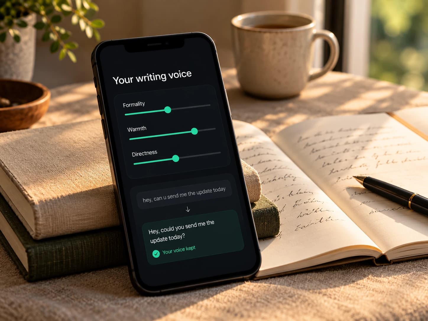 A phone showing Nibumi's “Your writing voice” settings with formality, warmth and directness sliders, and a casual message rewritten in the writer's own voice.