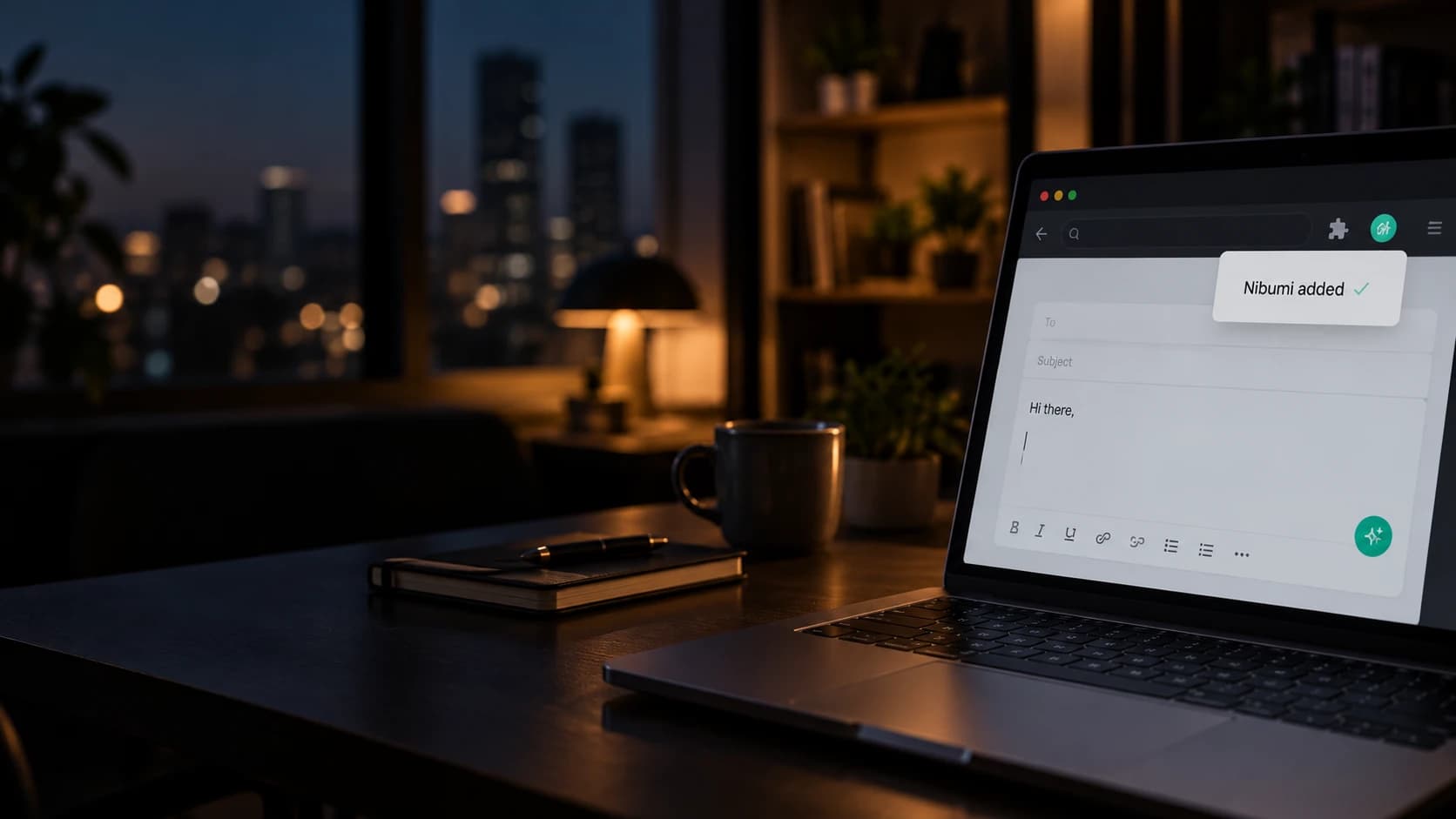 A laptop at night with Nibumi just added to the browser toolbar and its button in an email text box.
